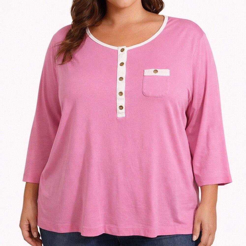 Lauren Ralph Lauren Pink Henley Top 1X Button Pocket Front Pocket Preppy Classic